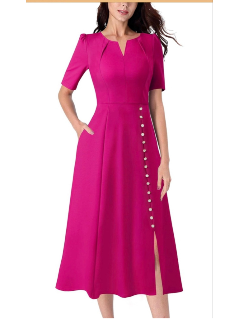 New Vfshow Pleated Notch V Neck Buttons Career A-Line Midi Dress S
